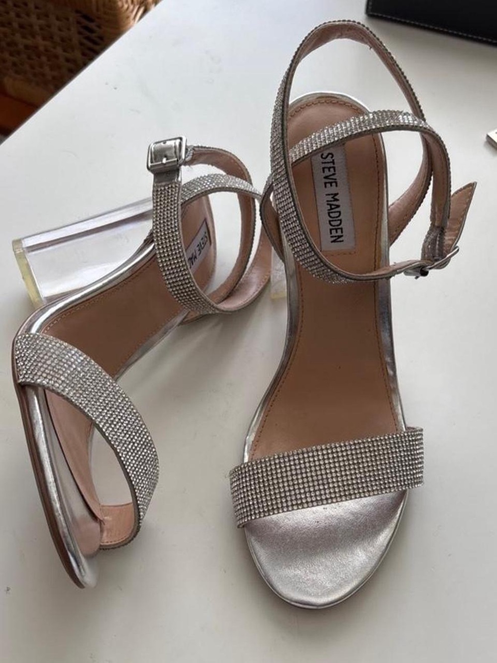 Steve Madden Silver Crystal Strap Block Heel Sandals Size 8.5